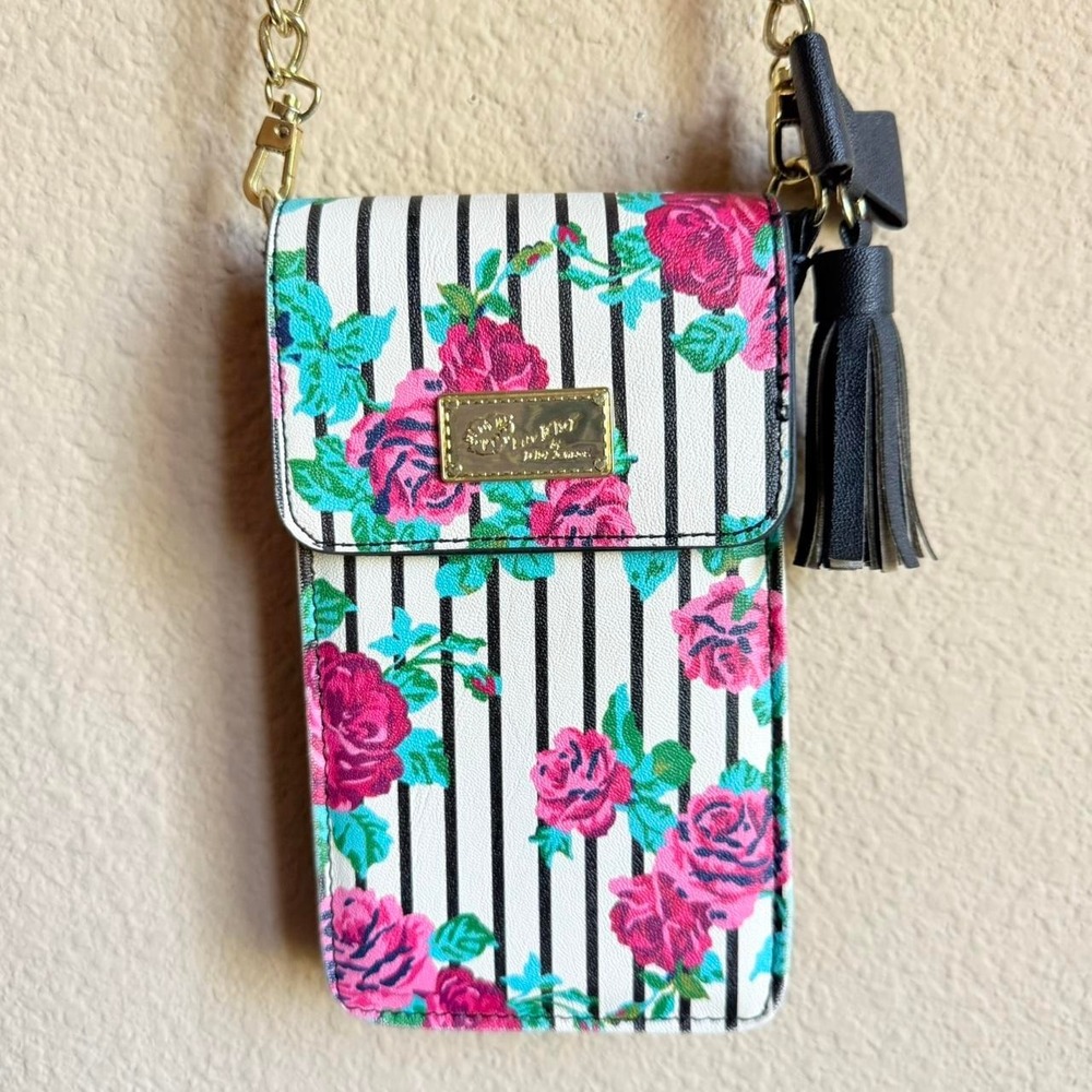 Striped Betsey Johnson small floral crossbody bag with‎ black bow tassel